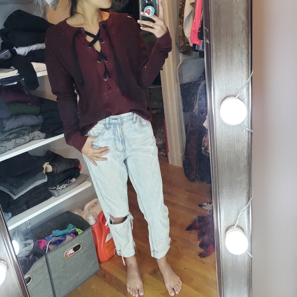 Red burgundy distressed lace up sweater - Picture 2 of 5